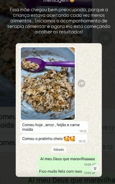 Print de conversa: mãe mostra o prato do filho com arroz, feijão e carne moída e comemora que ele comeu o pratinho cheio.