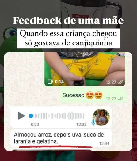Print de conversa: criança que só aceitava canjiquinha passou a almoçar arroz, uva, suco de laranja e gelatina.