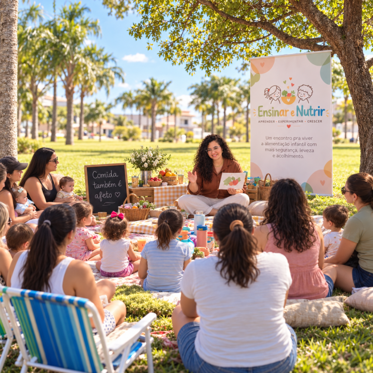 Roda de mães e crianças sentadas na grama, com a Marcella conduzindo o encontro ao lado do banner Ensinar e Nutrir